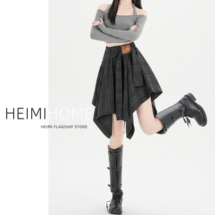 学院风格纹半身裙女春秋小个子A字磨毛格子裙高腰不规则绑带短裙