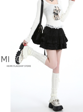 黑色蕾丝花边半身裙女秋冬季芭蕾风A字蓬蓬裙小个子丝绒蛋糕短裙