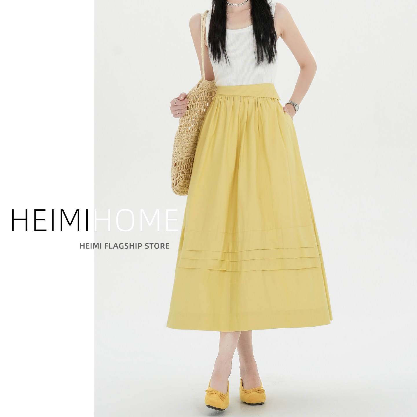 气质黄色半身裙女夏季松紧高腰中长款压褶A字裙梨形身材大摆伞裙,女装/女士精品,半身裙,淘宝优惠券,粉丝福利购,淘宝优惠卷