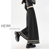 慵懒高腰蕾丝花边直筒裤 黑色格纹阔腿裤 女秋冬复古九分休闲格子裤