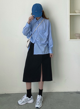 黑色半身裙女春秋2022高腰显瘦遮胯中长款a字裙侧开叉包臀一步裙