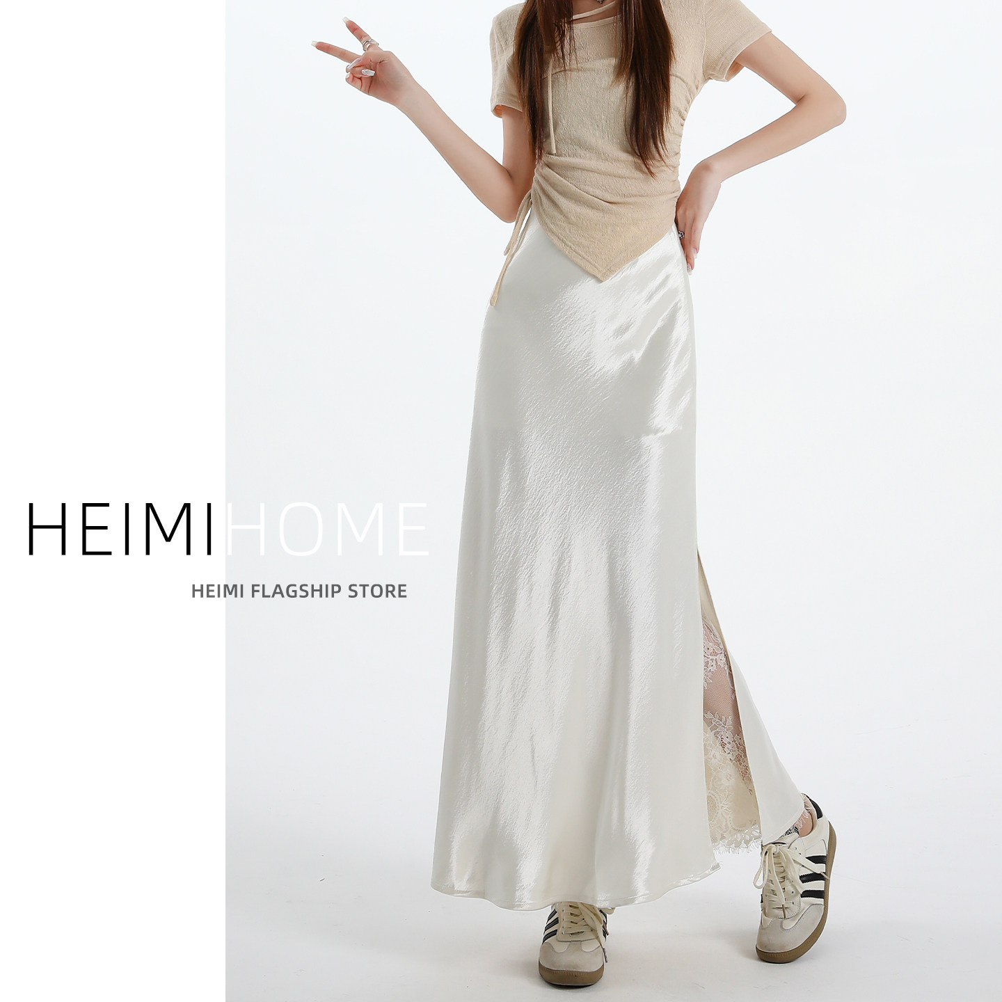 白色醋酸缎面半身裙女春夏蕾丝拼接开叉长裙气质光泽感包臀鱼尾裙