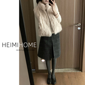 灰色毛呢格子中裙女秋冬季 高级感格纹半身裙格雷系A字压褶五分裙