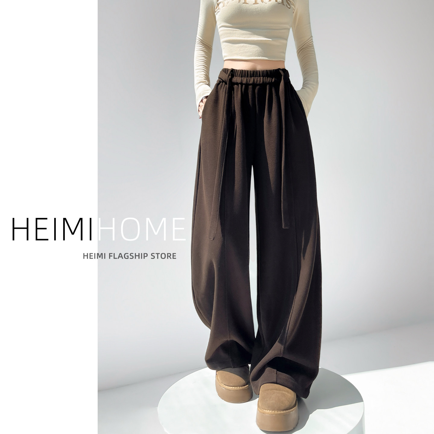 咖色松弛感弯刀裤女秋冬宽松加绒针织裤小个子慵懒加厚羊绒阔腿裤,女装/女士精品,休闲裤,淘宝优惠券,粉丝福利购,淘宝优惠卷