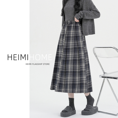 百褶伞裙毛呢半身裙女a字格子裙
