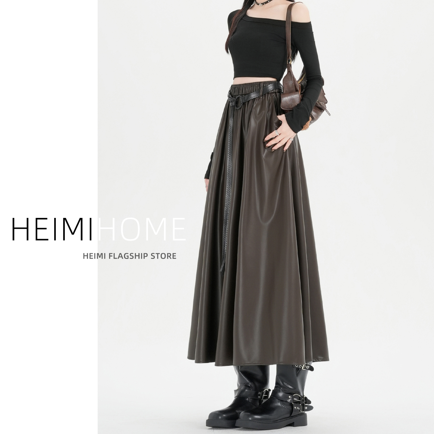 秋冬季复古松紧腰PU皮百褶半身裙