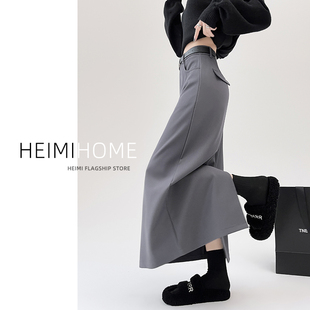 灰色半身裙女2025春秋高腰显瘦直筒a字长裙小个子开叉包臀西装 裙