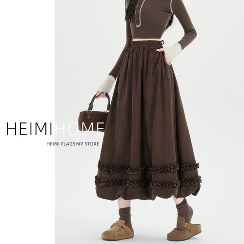 秋冬加厚绑带木耳边花苞裙