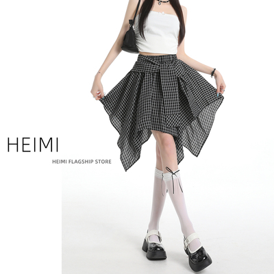 夏季学院风不规则绑带格子半身裙