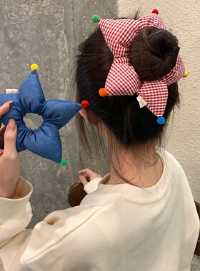 star星星精灵～韩系趣味少女发饰红色圆点格子牛仔豹纹五角星发圈