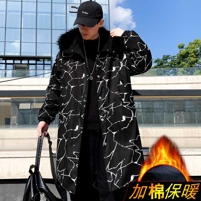 Windbreaker men's long cotton padded jacket men's medium long coat men's printed cotton padded jacket with cotton