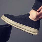 男鞋 厚底轻便一脚蹬懒人鞋 透气薄款 黑色休闲布鞋 男 飞织袜子鞋 夏季
