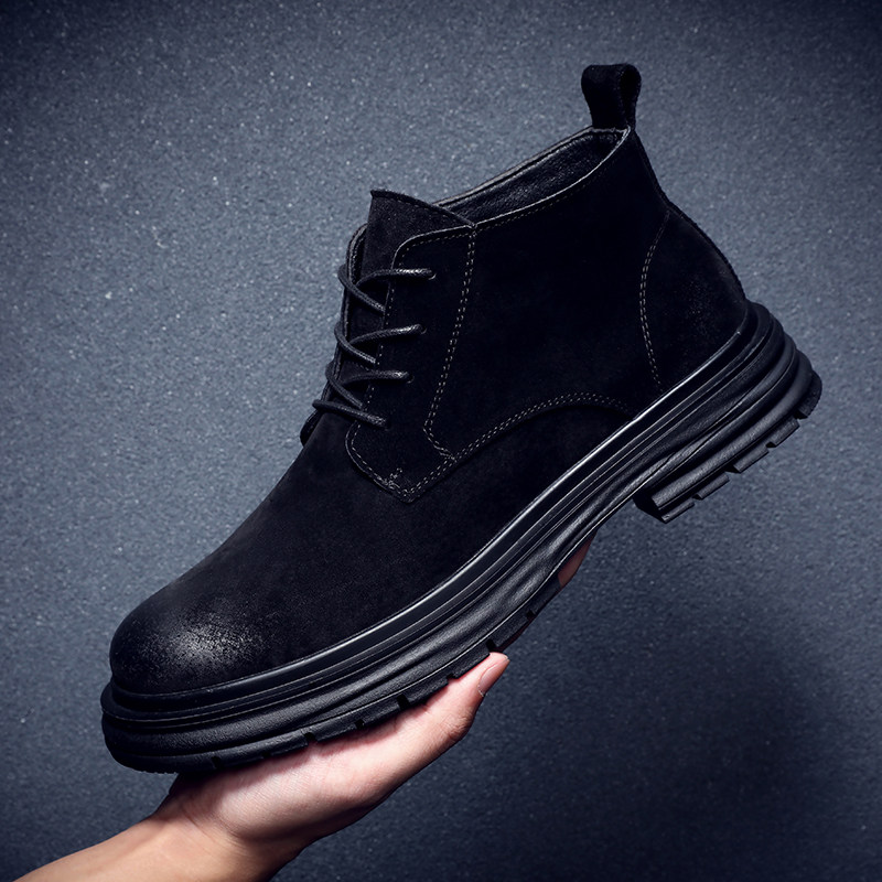 新款男士复古马丁靴中帮厚底工装靴加绒保暖英伦风百搭沙漠靴男款