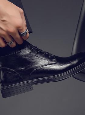 皮鞋男秋冬新款加绒中低帮真皮尖头马丁靴男士高级感商务正装皮鞋