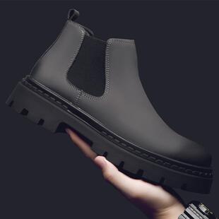秋冬季新款切尔西靴加绒中帮一脚蹬烟筒靴厚底马丁靴低帮靴子男款