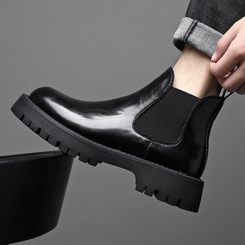 切尔西靴男2025秋冬季中帮短靴英伦风男士黑色加绒保暖真皮马丁靴