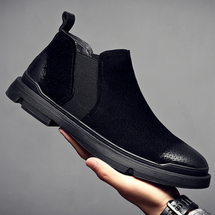 新款马丁靴男低帮翻毛皮靴子男真皮加绒保暖秋冬百搭切尔西靴软底