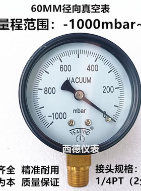60MM径向-1000mbar(毫巴)~0真空表 负压表 黑色铁壳 1/4接头