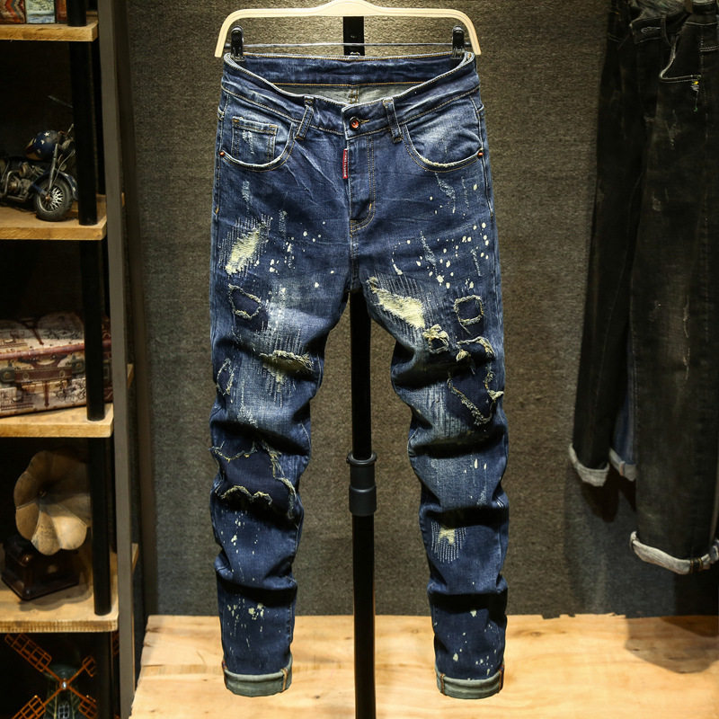 复古牛仔裤男2023年秋冬季韩版修身小脚个性刺绣男帅气百搭长裤子