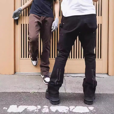 自主VUJADE伐木裤喇叭牛仔裤水洗后拉链休闲工装裤黑棕色kenijima