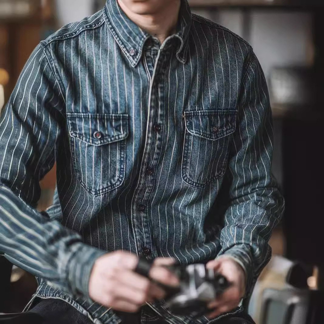 长袖衬衫男日系复古休闲条纹衬衣青少年宽松潮流百搭上衣外套帅气