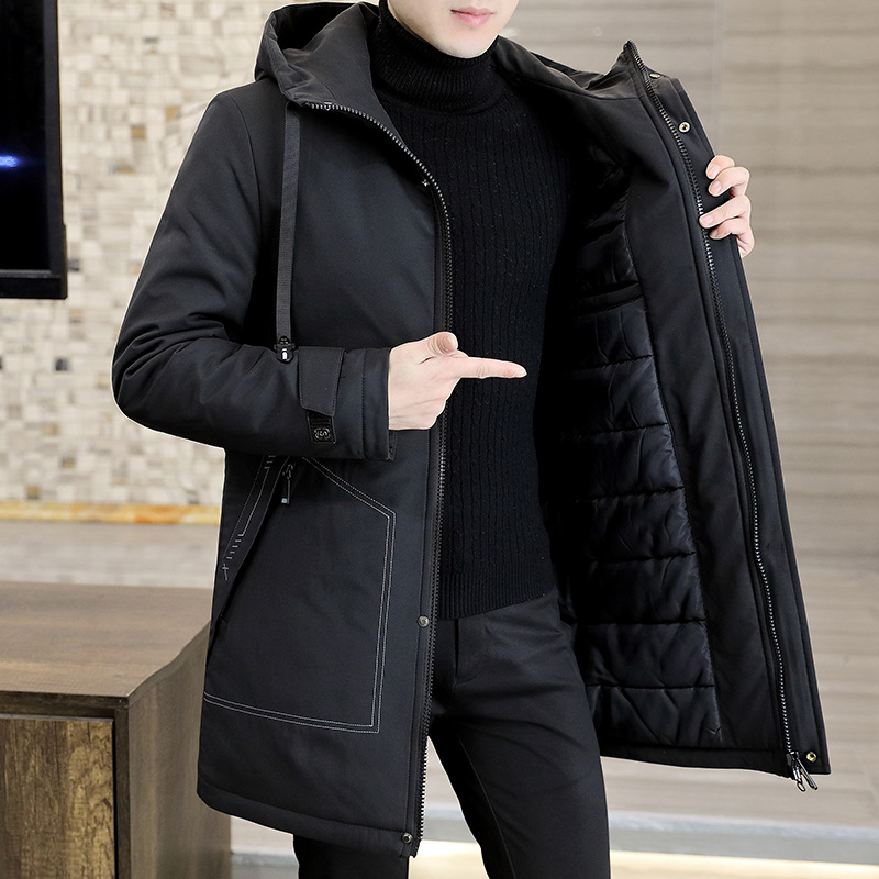 中长款棉服男冬季加厚潮流 大气稳重青年外套休闲绣花连帽保暖大