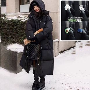 超厚抗寒黑色羽绒棉服男女情侣闺蜜长款过膝到脚踝宽松25冬季爆款
