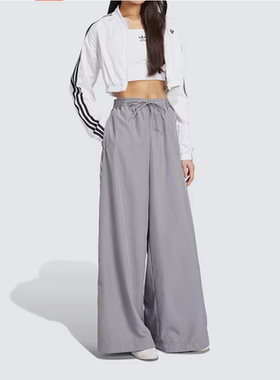 adidas阿迪达斯三叶草女裤春季新款梭织长裤灰色直筒阔腿裤JD3389