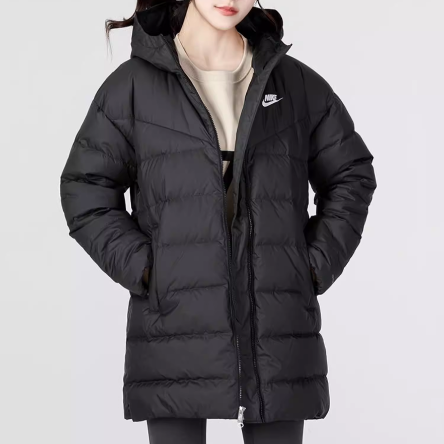 Nike耐克时尚女子中长款新款保暖连帽运动羽绒服外套 DQ6874-010