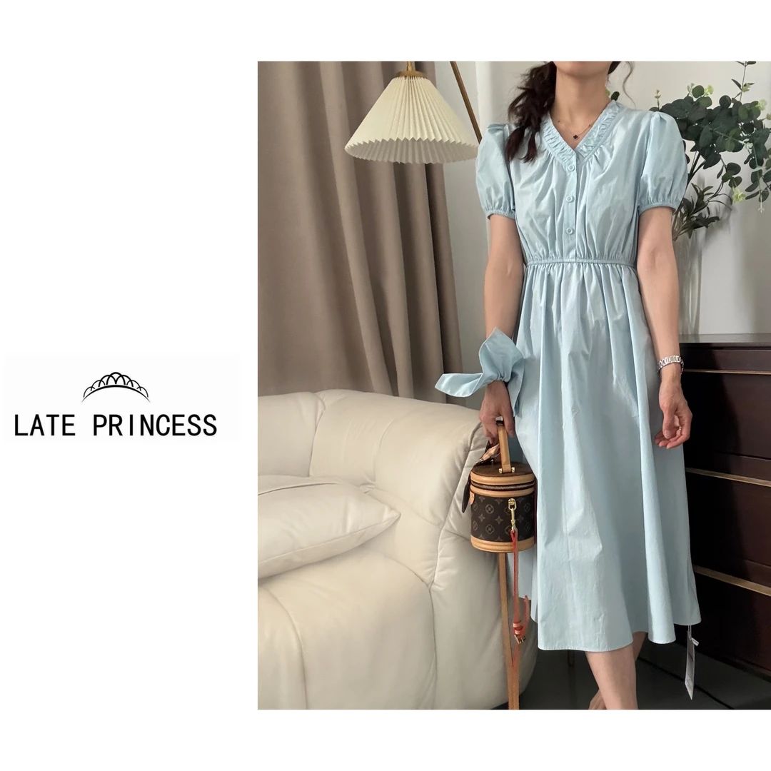 LATE PRINCESS【素简】夏季新款连衣裙泡泡袖休闲时尚显瘦带发圈
