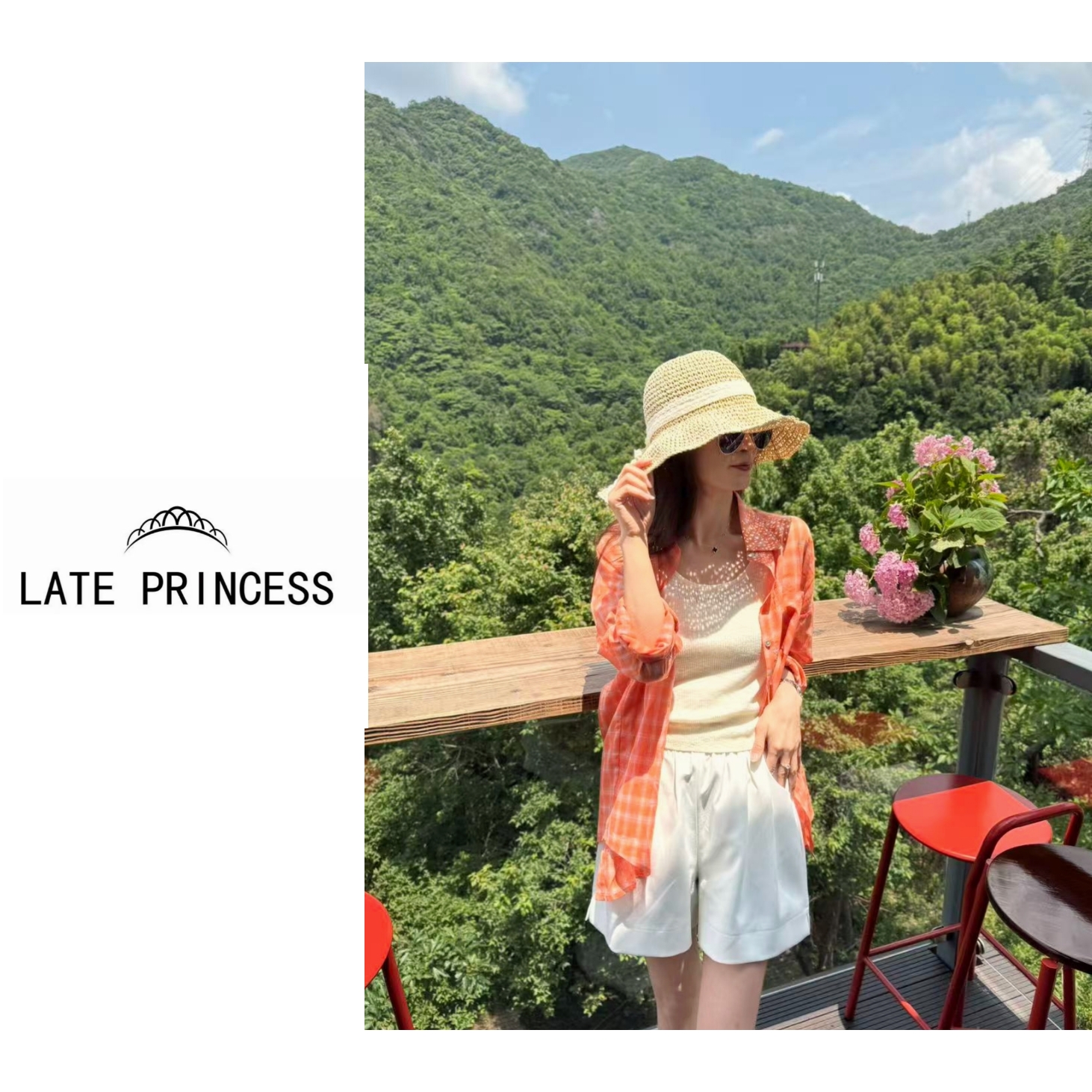 LATE PRINCESS【橘子】夏季新款休闲时尚格子衬衫两件套