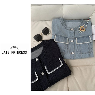 LATE PRINCESS【蔚蓝】夏季新款休闲百搭蕾丝拼接牛仔短袖衬衫