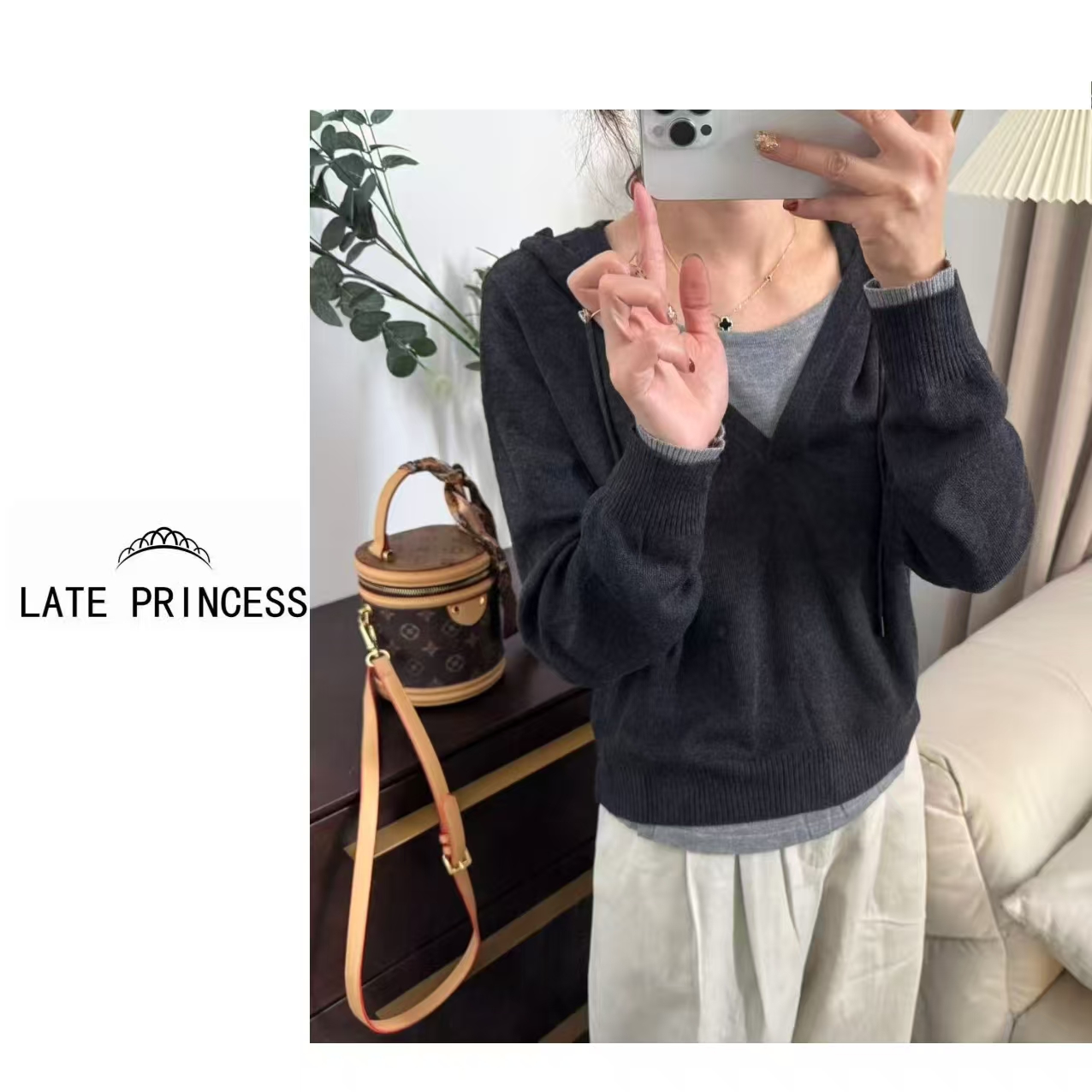 LATE PRINCESS【绒语】2025秋季新款连帽假两件百搭针织卫衣女