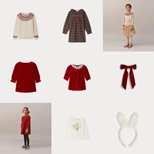 丝绒发饰长裙 纯色连衣裙长袖 5z现货bonpoint童装 25秋冬圣诞款