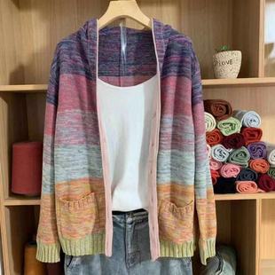 简约风格 2025春季 外套纯棉休闲文艺怀旧混色连帽长袖 大码 节开衫