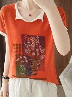 2025夏新全棉印花工艺上衣时尚休闲针织短袖百搭V领半袖T恤打底衫