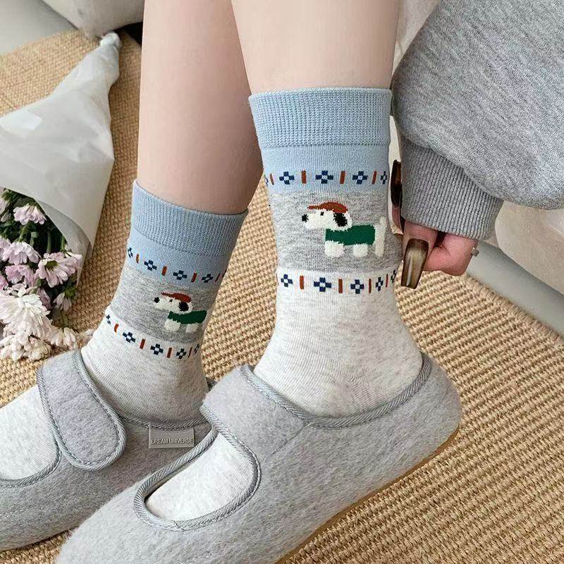 内衣裤袜女士袜子丝袜打底裤袜复古袜子ins中筒费尔岛小狗中筒袜