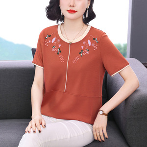 中年妈妈纯棉短袖t恤女2026夏装新款中老年大码上衣女时尚体恤衫