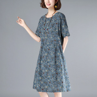 碎花连衣裙女2025年新款夏季中长款宽松显瘦中年妈妈棉麻直筒裙子