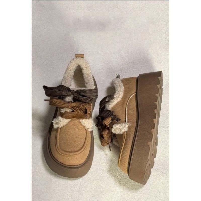 加绒加厚棉鞋复古厚底增高勃肯鞋女英伦风系带百搭小个子乐福鞋
