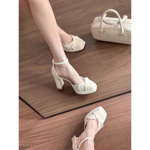法式优雅气质高跟鞋女夏季中空一字带包头粗跟玛丽珍单鞋