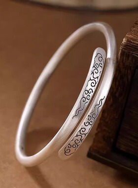 招财祥云手镯女素圈小众年轻款古法银镯子复古风做旧可调节送女友