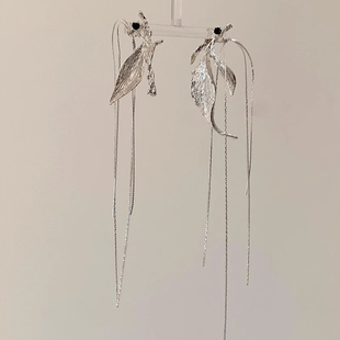 折柳银色树叶清冷感高级耳环适合方圆脸的显脸瘦耳钉超长流苏耳饰