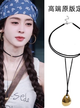 S925纯银古力娜扎同款黑色项链女choker颈链高级小众甜酷叠带项圈