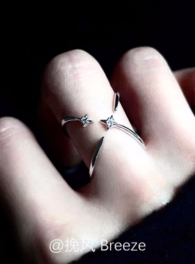 S925银镶钻四芒星戒指女小众设计感韩系正反两戴指环个性独特2025