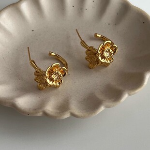 超仙花团锦簇耳钉复古法式花朵造型银耳圈耳环轻奢高级感金色耳饰