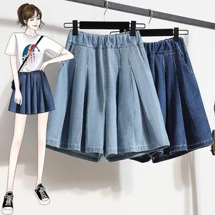 子 加肥加大码 百褶牛仔短裤 裙女士夏季 胖MM200斤宽松显瘦阔腿热裤