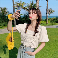 Real shot real price summer new Korean version thin and versatile Solid Color Bubble Sleeve loose short sleeve top
