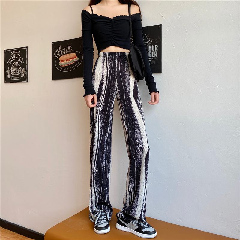 Real price Korean Retro Tie Dyed pants loose and versatile high waist vertical straight pants casual pants striped wide leg pants