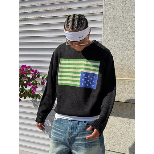 复古国旗星星设计感针织毛衣